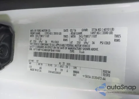 2016 Ford F-150 Xl z USA, uszkodzony, nr VIN 1FTMF1C80GFB41150